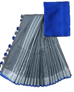 Read more about the article Best Bhagalpuri Linen Saree In Grey Colour – INDIA SILK Saree with Contrast Blouse Piece (Grey and Blue)