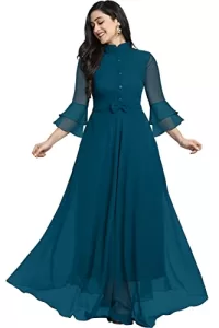 Read more about the article Best Western Long Gown  – FIBREZA Women’s Georgette Traditional Ethnic Long Gown Dress with Collar Neck Flare Sleeve Pattern (Medium, Morpich)