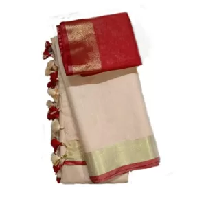 Read more about the article Best Golden Saree With Red Blouse – Aafia Women’s Linen Slub Bhagalpuri Saree with Blouse Piece (Cream Red, Golden Border)