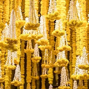 Read more about the article Best Flower Varalakshmi Pooja Decoration – Isvari Yellow Genda ( Marigold ) + Rajnigandha [ Set of 12 ] [ 4 Artificial Hanging Strings in 1 Set ] for Pooja Decoration Home Décor Door ,Marriage Wedding Festival Varalakshmi Ganpati Kolam Diwali