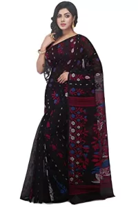 Read more about the article Best Black Saree Blouse Designs – WoodenTant Women’s soft woven Dhakai jamdani saree In Flower design without blouse Piece (Black)